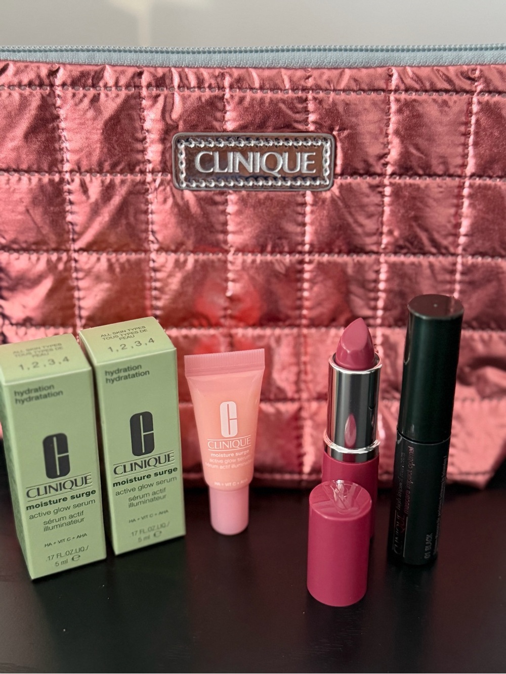 Clinique Pink Lipstick & Hydration Serum Beauty Set with Metallic Pink Pouch